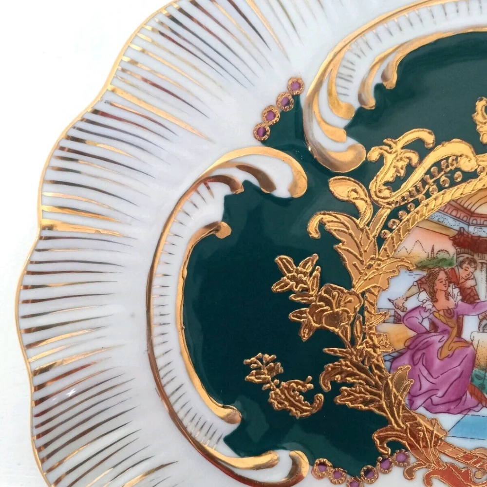 Ornate Gold Gilt Porcelain Handled Plate Green Victorian Romantic Scene
